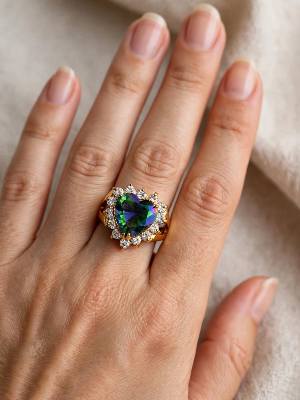 Gold Heart Ring with Green-Blue Mystic Stone and Clear Halo